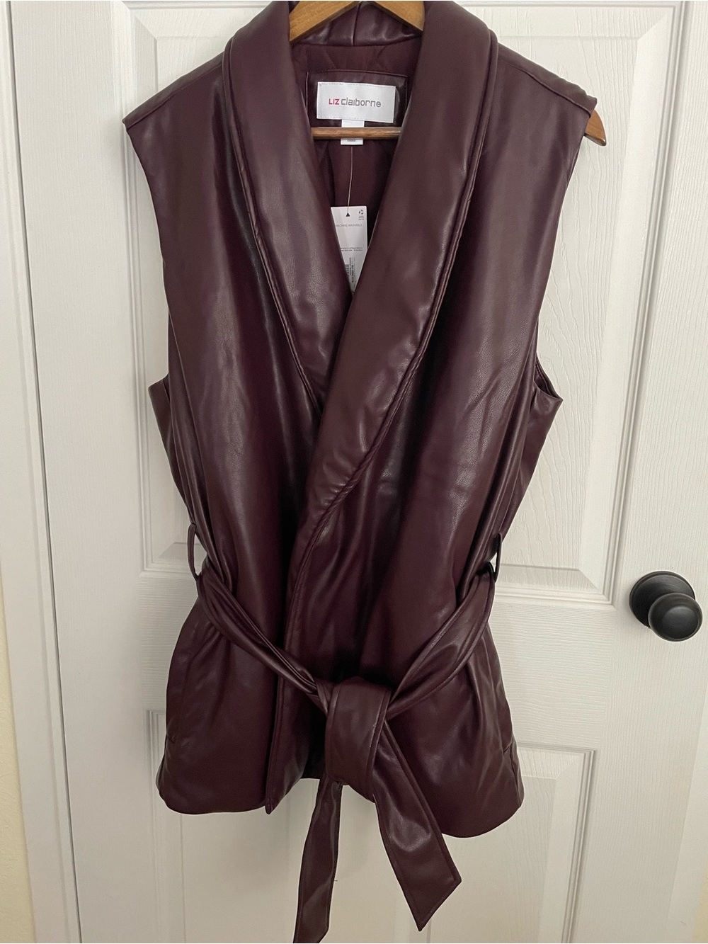 NWT Burgundy Vegan Leather Longline Trench Vest Belted Moto Jacket XL
